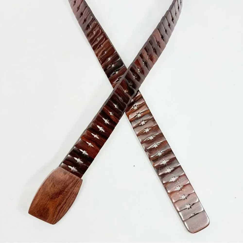 Vintage Brown All Wood Adjustable Size Star Slit Wood Buckle Belt
